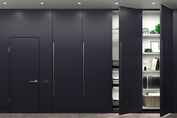 3d illustration. Modern dark wardrobe and minimalist doors. Furniture